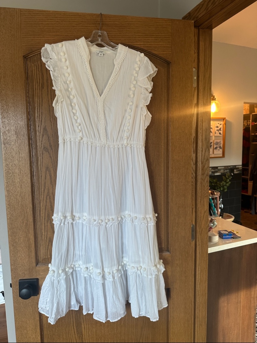 crown & ivy White Pom-Pom Ruffle Midi Dress